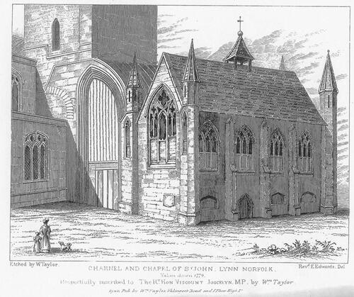 Fig. 3. East view of the charnel house and chapel of St John in King’s Lynn (Norfolk), by the Revd E. EdwardsFrom W. Taylor, The Antiquities of King’s Lynn, Norfolk (London 1844)