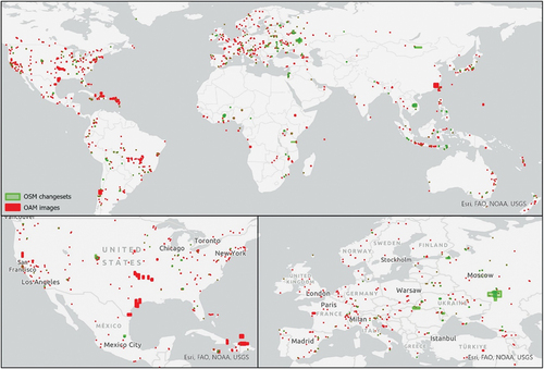 Figure 3. World map of selected OAM image bounding boxes based on a download from May 24, 2021 (red) and bounding boxes of OSM changesets in the ± two-week period around OAM image downloads overlapping with OAM image extents (green).
