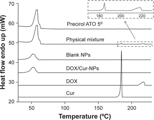 Figure 3 Differential scanning calorimetry curves of DOX/Cur-NPs, blank NPs, Precirol ATO 5®, DOX, Cur, and a physical mixture of Precirol ATO 5, DOX, and Cur.Abbreviations: Endo, endotherm; NPs, lipid nanoparticles; DOX/Cur-NPs, doxorubicin and curcumin codelivery lipid nanoparticles; DOX, doxorubicin; Cur, curcumin.