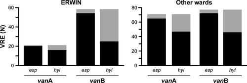 Figure S4 Number of vanA and vanB vancomycin-resistant Enterococcus faecium (VRE) exhibiting esp and hyl genes (black bars) or not (gray bars).Notes: VRE had been isolated from patients treated at early rehabilitation ward of Ingolstadt Hospital (ERWIN) or on other wards. Observation period: 2014–2017.