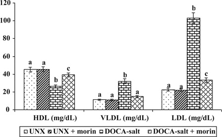 Figure 2. Effect of morin on LDL-C, VLDL-C, and HDL-C in plasma of UNX and DOCA-salt hypertensive rats. Values are expressed as means ± SD for six rats in each group. Values not sharing a common superscript differ significantly at P < 0.05 (DMRT).