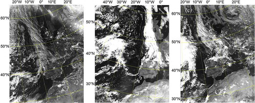 Figure 6. Movement of a weather system from the Atlantic Ocean over western France. (a) shows a scene on 17 August 2016 around 02:20Z (one day to full-moon), (b) roughly the same region on the same day during daylight around 13:50Z, and (c) the same region on 18 August 2016 around 02:00Z (full moon). The narrow black horizontal stripe over Great Britain and France in (a) is due to a reception dropout in the Direct Broadcast reception.