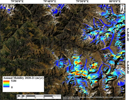 Figure 7. Map showing annual mobility of the glacial bodies in the Rishiganga and the Dhauliganga valley between 2020 and 2021.