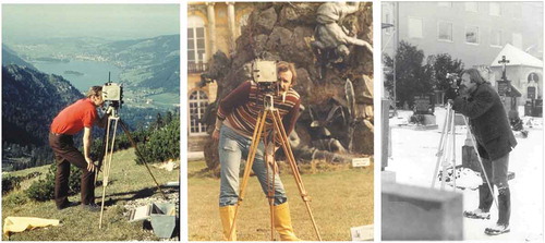 Figure 2. Terrestrial photogrammetry with the TAF photographic glass-plate camera in the Bavarian mountains and at Castle Herrenchiemsee. Theodolite observations for photogrammetric control at the Monastery Au/Inn