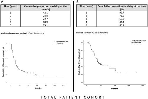 Figure 3. The Kaplan–Meier curve for disease-free survival (A) and overall survival (B) of the total patient cohort after MR-guided thermoablation of recurrent hepatic malignancies following hepatic resection. The starting point for the calculation is the date of the first ablation after resection.