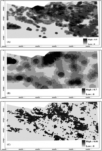 Figure 3. Maps of fuzzy membership values of (A) favourable host environment; (B) favourable structure feature; (C) favourable alteration feature.