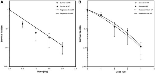 Figure 3 Mean survival fraction with standard deviation plotted against dose in Gy after irradiation with carbon ions (A) or protons (B) both in the presence and absence of a magnetic field. The respective survival curves were drawn following a regression analysis.