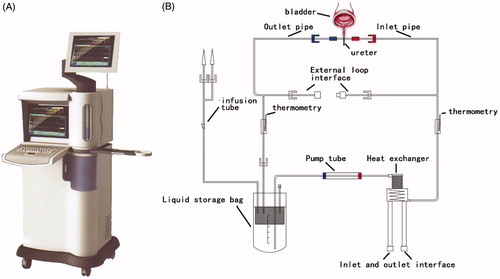 Figure 1. (A) Appearance of BR-TRG-I urinary bladder hyperthermia treatment system. (B) The schematic diagram of the pipeline system of BR-TRG-I urinary bladder hyperthermia treatment system. Figures adapted with permission from Qifei Li, Guangzhou Bright Medical Technology Co., Ltd.