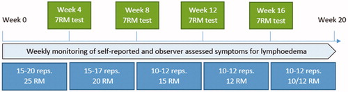 Figure 1. Outline of timeline and the progressive resistance training program with testing and monitoring in LYCA, phase 1 (week 1–approximately week 20).