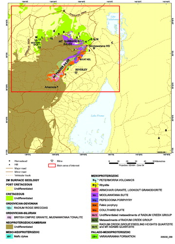 Figure 3. General geology map (2-mile scale) of the northern Flinders Ranges and adjacent lowlands. Modified from SARIG, February 2018. The names of the key outcrop sites (numbers) and drill holes (letters) are given in Table 1.