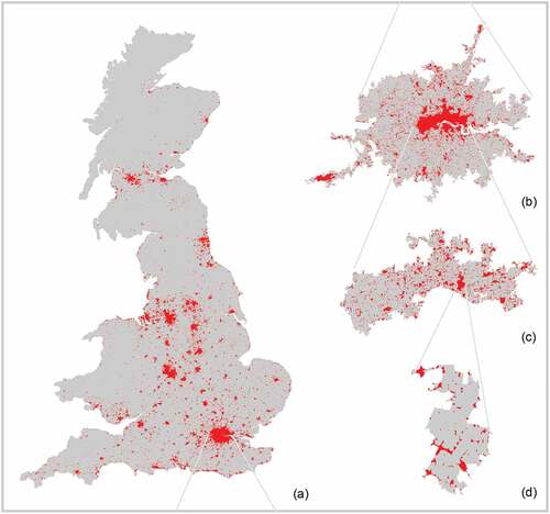 Figure 3. Nested natural cities in the UK at different levels of scale.(a) UK and its natural cities, (b) London (a bit smaller than M25 highway) and its natural cities, (c) London II (very central at the northern side of Thames) and its natural cities and (d) London III (near the city of London) and its natural cities, so a nested relationship as such: London III ⊂ London II ⊂ London ⊂ UK.