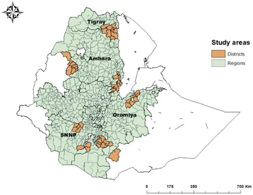 Figure 1. The study woredas in four regions of Ethiopia.