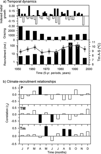 Figure 3 Climate, grazing data, and P. uncinata radial growth and recruitment. (a) Growth and grazing (number of grazing cattle) are compared with recruitment (bars) and mean August–September minimum temperature (line) grouped in 5-yr periods. Error bars are SE. (b) Correlations (rs , Spearman coefficient) between monthly climatic variables (P, precipitation; TM and Tm, mean maximum and minimum temperatures, respectively) and recruitment residuals for 5-yr periods (n = 9). Black bars mean P < 0.05.