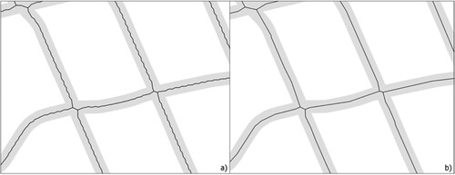 Figure 4. An example showing the diluted road and the medial axis: a) after the thinning process and b) after the simplification process.