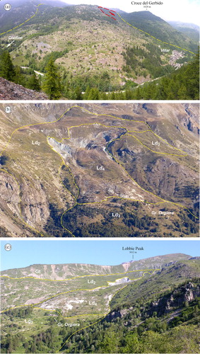 Figure 5. (a) Frontal view of the Ld1 sector of the Pui-Orgiera landslide. The Varaita River gorge is visible in the foreground. The red dashed line highlights the main scarp of the catastrophic reactivation of 1655. Photo taken from the right side of the Varaita Valley, East of Meire Gioanotta (1340 m a.s.l.), view looking NNE (Long. 7°7′43″, Lat. 44°34′40″). (b) Panoramic view of the upper part of the Pui-Orgiera landslide. Photo taken from Sampeyre Pass (2283 m a.s.l.), view looking N (Long. 7°07′09″, Lat. 44°33′04″). Ld1 to Ld4 represent the different landslide sectors. (c) Lateral view of the frontal sector of the Ld4 landslide. The impressive head scarp of the Pui-Orgiera landslide is visible in the foreground, involving the glacial till (Gt) of the Serre Plain. A large outcrop of metagabbro, meta-quartzdiorite and metaplagiogranite is visible on the right of the image. Photo taken from Croce del Gerbido (1628 m a.s.l.), view looking NW (Long. 7°8′54″, Lat. 44°35′30″).