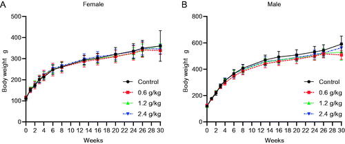 Figure 1. Effects of oral 2036S-QXR on body weight during the 26-week period of administration and at the end of the 4-week recovery period. (A) Changes in body weight in female rats. (B) Changes in body weight in male rats. The number of female and male animals in each group (0–13 weeks) was 15. The number of female and male animals in each group (13–26 weeks) was 10. The number of female and male animals in each group at the end of the 4-week recovery period (30 weeks) was 3. There were no significant differences in the bodyweight of males and females in the treatment groups compared with the control group (p > 0.05). Mean ± SD.