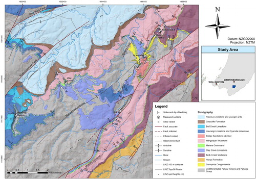 Figure 2. Geological map of the Makara and Ruakokoputuna valleys, northern Aorangi Range, Wairarapa, New Zealand. Compiled from field observations with additional data from Couper (Citation1948), Bates (Citation1967), Vella and Briggs (Citation1971), Crundwell (Citation1979), Green (Citation1981), Hatfield (Citation1981) and Vella and Collen (Citation1998). Topographic data sourced from LINZ. Background hillshade derived from the NZSoSDEM v1.0 dataset.