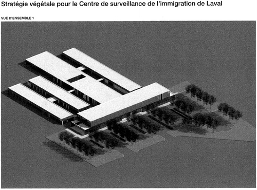 Figure 2. A 3D rendering of the Laval IHC, as designed by Lemay Architectes. The massing of the building has been rearranged significantly in comparison to the first schematic plan. The front bar, assumed to be administrative, forms both a physical and visual barrier between the public and the accommodation areas of the center, preventing the public from entering or viewing inside the facility. While privacy is a concern, the form of the building also aids in actively obscuring the process of detention occurring behind its façade. (Rendering from CBSA, Access to Information Request A-2019-00781.)