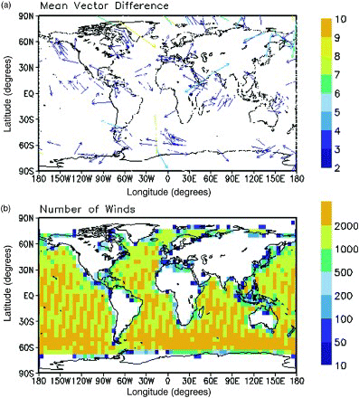 Fig. 4 Vector plot of OSCAT winds: (a) mean vector difference (the colour bar indicates the magnitude of the vector difference and (b) number of collocations (the colour bar indicates the number of collocated scatterometer winds) for July 2011.