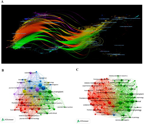 Figure 5. (A) The Dual map overlay of journals; (B) the citation sources network; (C) the co-citation sources network.