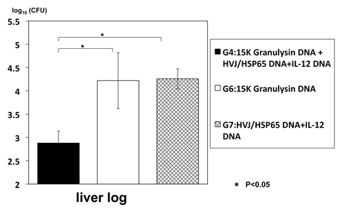 Figure 5. Therapeutic effect of granulysin DNA vaccine on TB-infected (DBA/1) mice DBA/1 mice were infected with H37Rv TB using intratracheal aerosol challenge One week after challenge of TB, 100μg of HVJ-Envelope/HSP65 DNA+IL-12 DNA and/or 100 μg of HVJ-Envelope/granulysin DNA were injected i.m. into mice 6 times for 3 weeks. Four weeks after TB challenge, mice were sacrified, and CFUs of TB in the liver were evaluated. G1 vs. G2; p < 0.05; G1 vs. G3; p < 0.05; Student’s test