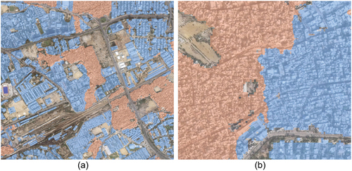 Figure 3. An example of the difficulty in interpreting the results of human settlement mapping: (a) pink and blue colors representing two different types of neighborhoods where boundaries seem to follow building morphology; (b) a confusing separation boundary output by the trained model with no apparent change in settlement structures, which makes the result challenging to explain.