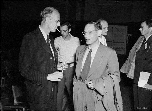 Fig. 6. Egon Bretscher (foreground, left) and Robert Serber (foreground, right) at the 1946 Nuclear Physics Conference held in Los Alamos.