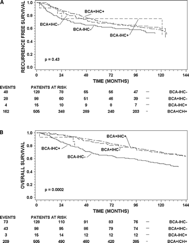 Figure 1.  Kaplan-Meier estimates of recurrence free survival (A) and overall survival (B) for patients in 89A. The strata are BCA − /IHC−, BCA + /IHC−, BCA − /IHC+ and BCA + /IHC+. Patients at risk for each stratum are shown below the axis at times 0 (from operation), 24, 48, 72 and 96 months. The number of events is shown to the left of each stratum.