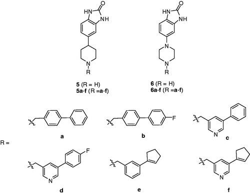 Figure 2. 5-piperidinyl-1H-benzo[d]imidazol-2(3H)-ones (5a–f) and 5-piperazinyl-1H-benzo[d]imidazol-2(3H)-ones (6a–f).