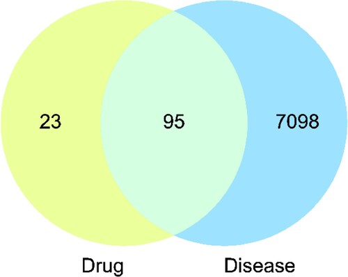 Figure 1. The Venn diagram of the common targets. The 95 overlapping targets for Lu’an GuaPian tea in the treatment of HF.