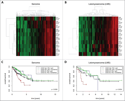 Figure 6. Expression and prognostic impact of immune genes in STS (TCGA cohort). (A) Analysis of co-expression patterns and correlation of mRNA expression with overall survival in all STS. (B) Analysis of co-expression patterns and correlation of mRNA expression with overall survival in LMS. (C) Inferior prognosis of CD3Z low/PD-L1 CNG sarcomas. (D) Inferior prognosis of CD3Z low/PD-L1 CNG LMS.