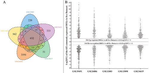 Figure 2. Exhibition of differentially expressed genes among the five mRNA expression profiling datasets in Barrett's esophagus; (A) Venn diagram of individual dataset comparisons among the five mRNA expression profiling datasets. The venn diagram was drawn based on each gene expression profiling data from the five datasets. Each circle depicts the number of expressed genes. Overlapping expressed genes shared more than one dataset are represented in the areas of intersection among corresponding circles. The 632 genes in the center of the venn diagram represents the genes commonly expressed in all the five datasets; (B) Scatter diagram of differentially expressed genes among the five mRNA expression profiling datasets. The scatter diagram was constructed based on the Log2(FC) values of the 632 commonly expressed DEGs derived from five datasets. These five datasets were GSE39491, GSE26886, GSE12083, GSE13898 and GSE34619 as the diagram shows.