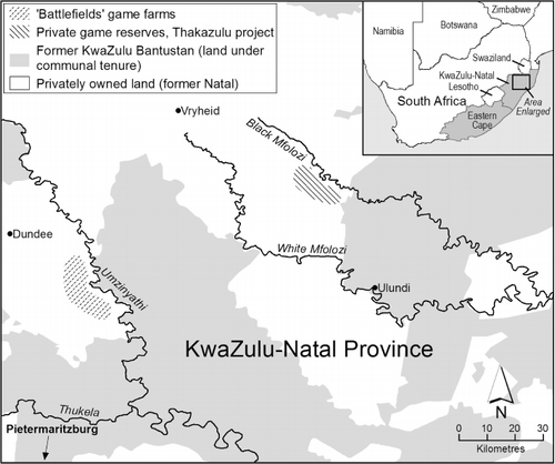 Figure 2. Northern KwaZulu-Natal province, showing location of case study (private) game farms in the context of communal lands (see Brooks and Kjelstrup Citation2014; Josefsson Citation2014).