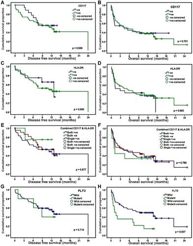 Figure 2 (A, C, E, G) Kaplan–Meier curves with log-rank statistics describe disease-free survival according to CD 117, HLA-DR, Combined CD 117 and HLA-DR, and Flt3 expression level. (B, D, F, H) Kaplan–Meier curves with log-rank statistics describe overall survival according to CD117, HLA-DR, Combined CD117 and HLA-DR, and Flt3 expression level.