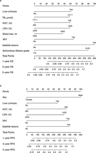 Figure 4 Nomograms for predicting prognosis in SLHCC patients. (a) Overall survival (OS). (b) Recurrence-free survival (RFS).