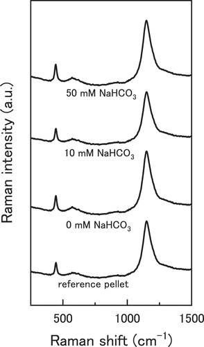 Figure 4. Averaged Raman spectra of the UO2 pellets immersed in NaHCO3 solution acquired by surface mapping.