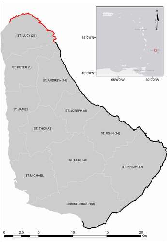 Figure 1. Barbados, its parish boundaries, and extent of the 2014 gecko study area (100 m from waterline shown in black and red). The red area indicates portion of survey area that was also the focus of a separate analysis comparing gecko habitat use on the North coast to elsewhere. Distribution of the number of points surveyed within the study area for each parish is given in parenthesis