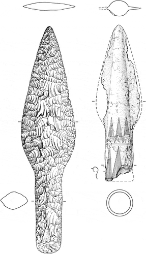 Figure 8. Flint dagger type VI and Bagterp type spearhead from Nordborg, Als, in southern Jutland. After Aner and Kersten (1978).