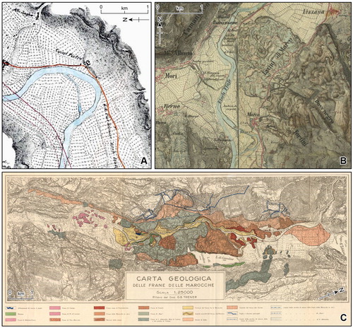 Figure 2. Historical representation of landslides in the Adige and Sarca valleys. (A) Castelpietra in 1845 by Leopold von Claricini, freely available in Historische Karten Tirol (https://hik.tirol.gv.at; accessed: May 2020). (B) Lavini di Marco in 1869–1887 by the Habsburg Empire Third Military Survey (CitationMolnár & Timár, 2009), freely available in MAPIRE (https://mapire.eu; accessed: May 2020; CitationBiszak, 2017). (C) Marocche di Dro in the geological map by CitationTrener (1924).