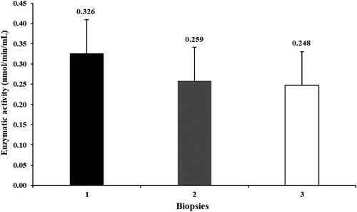 Figure 3. Activity of the α-ketoglutarate dehydrogenase in the liver of heifers fed diets with different forage-to-concentrate ratios in different biopsies during the experiment (1, beginning of the experiment; 2, end of the first experimental period; 3, end of the second experimental period; P = 0.76).