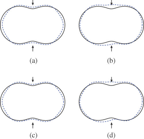 Figure 13. Reconstructions of the peanut with 2 incident waves and regularization parameter 10−7 from inexact far field data (10% noise): (a) Method 1 (k = 3), (b) method 1 (k = 1), (c) method 2 (k = 3) and (d) method 2 (k = 1).