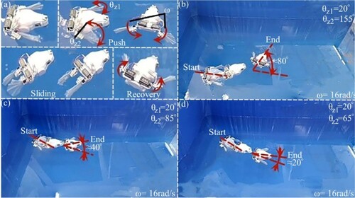 Figure A6. Sequence diagram of the robot turning swimming: (a) motion state of the robot's flippers during three stages in water; (b) flipper spreading angles (θz1 and θz2) were respectively 20 and 155 rad/s; (c) flipper spreading angles (θz1 and θz2) were respectively 20 and 85 rad/s; (d) flipper spreading angles (θz1 and θz2) were respectively 20 and 65 rad/s. (θz1 denotes the flipper spreading angle of the left side, and θz2 denotes the flipper spreading angle of the right side;)