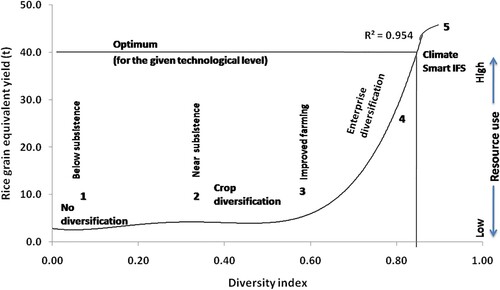 Figure 2. Relationship between system yield (REY) and diversity index which increased with the progression of integration of different IFS components.