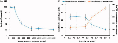 Figure 1. Loading efficiency of immobilized phytase on F-MWNT (a) and immobilization activity yield (b).