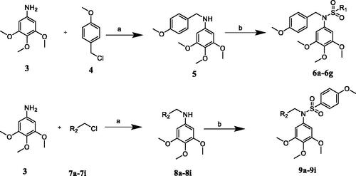 Scheme 1. Synthesis of compounds 6a–6g and 9a–9i. Reagents and conditions: (a) DMF, K2CO3, rt, 8 h; (b) sulphonyl chloride derivatives or acyl chloride derivatives, TEA, DCM, rt, 5 h.