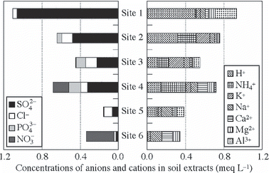 Figure 2 Concentrations of anions and cations in water extracts from Osorezan acid soils. The H+ concentrations were calculated from pH values of the extracts.
