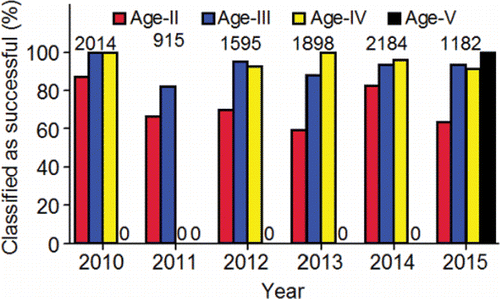 Figure 27. The percentage of the apparent ocean age II, III, IV, and V PIT-tagged, hatchery-origin fall Chinook salmon adults that migrated successfully during Stage II modeling (i.e., McNary Dam forebay to Lower Granite Dam forebay) that were classified as successful spawners, 2010–2015. The numbers above the bars are the sample sizes of fish classified as successful spawners.
