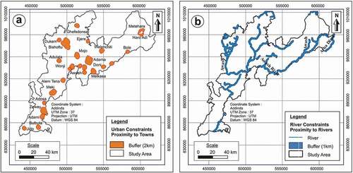 Figure 6. Urban constraints map (a) and (b) river and flood plain constraints map.