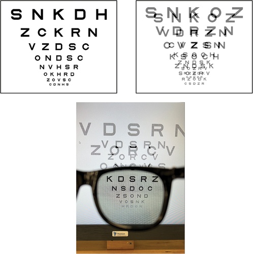 Figure 1. Chart stimuli used for assessing visual acuity. Top left is a chart used when aniseikonia was induced with size lenses. Top right is a screen shot of a chart used when aniseikonia was simulated by vectographic presentation on a computer monitor. The bottom is an image of the 3D monitor with vectographic stimuli through the right lens of polaroid spectacles. For illustration purposes, this is set at a reduction of 40% in one of the images, which is twice the largest reduction used in the study.