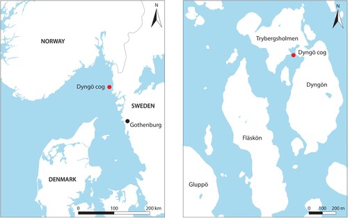Figure 1. A: Map showing the location of the Dyngö cog. B: Detailed map showing the wreck location in relation to the surrounding islands (Anders Gutehall, Visuell Arkeologi Norden).